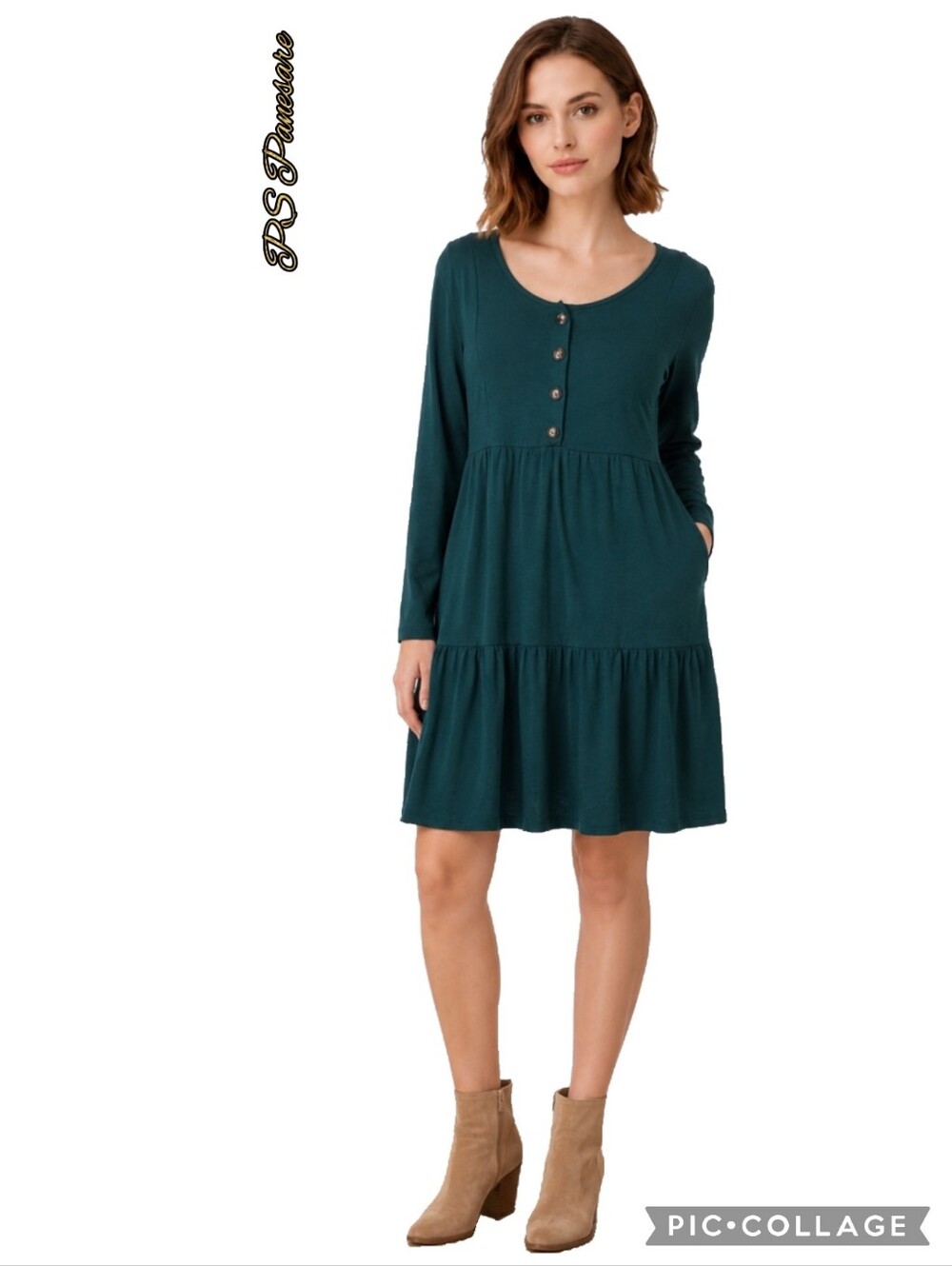 PS Panesare long sleeve tiered scoop neck knee length dress in solid deep green